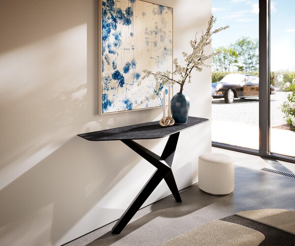 DELIFE Konzolasztal Edge poligonális 140x50 cm Laminam® Nero Greco antracit Zentharo fém fekete