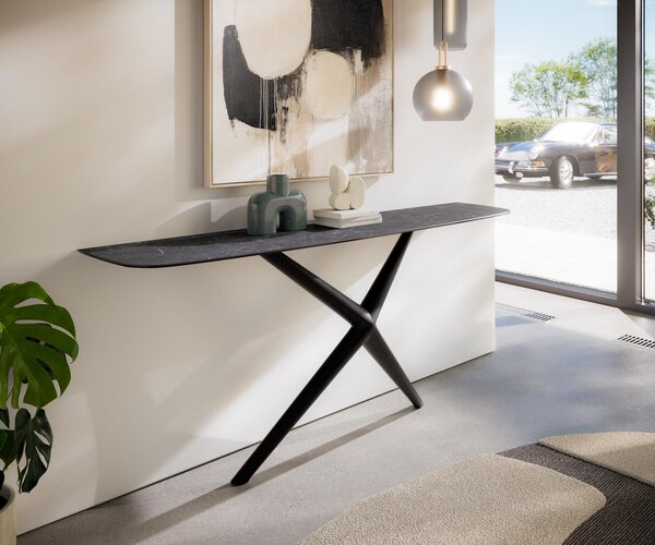 DELIFE Konzolasztal Edge hajóformájú 180x40 cm Laminam® Nero Greco antracit Estelo fém fekete