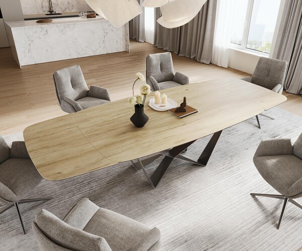 DELIFE Étkezőasztal Edge hajóformájú 200-300x120 cm Laminam® Sabbia kerámia tölgyszínű Spider laposacél rozsdamentes acél grafit kihúzható