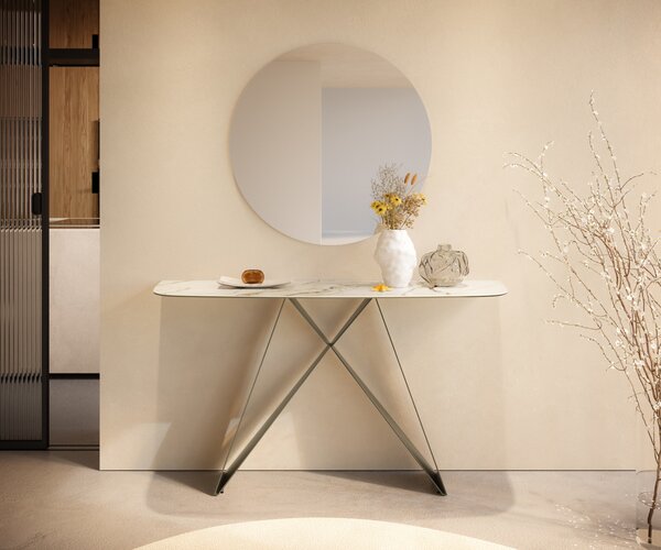 DELIFE Konzolasztal Edge hajóformájú 140x40 cm kerámia calacatta luxe fehér arany szürke Velio fém titán színű hatás