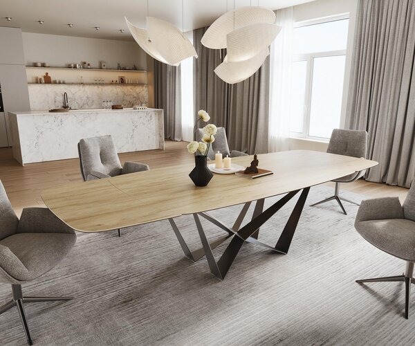 DELIFE Étkezőasztal Edge hajóformájú 200-300x120 cm Laminam® Sabbia kerámia tölgyszínű Spider laposacél rozsdamentes acél grafit kihúzható