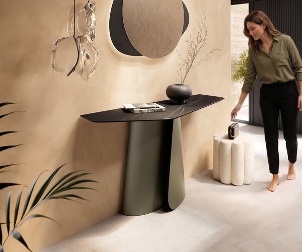 DELIFE Konzolasztal Edge poligonális 140x50 cm Laminam® kerámia Noir Desir barna Livos fém titán effekt finish