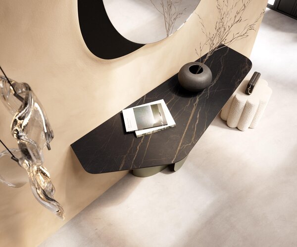 DELIFE Konzolasztal Edge poligonális 140x50 cm Laminam® kerámia Noir Desir barna Livos fém titán effekt finish
