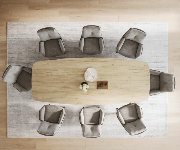 DELIFE Étkezőasztal Edge hajóformájú 200-300x120 cm Laminam® Sabbia kerámia tölgyszínű Spider laposacél rozsdamentes acél grafit kihúzható