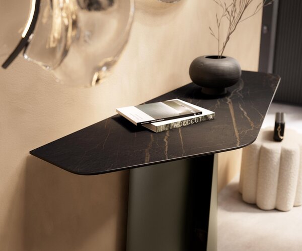 DELIFE Konzolasztal Edge poligonális 140x50 cm Laminam® kerámia Noir Desir barna Livos fém titán effekt finish