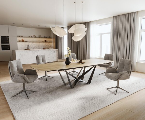 DELIFE Étkezőasztal Edge hajóformájú 200-300x120 cm Laminam® Sabbia kerámia tölgyszínű Spider laposacél rozsdamentes acél grafit kihúzható