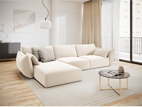 Bézs bársony sarokkanapé (bal oldali-heverő résszel) Vanda – Mazzini Sofas
