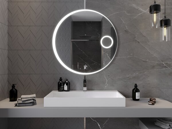 Mexen Ella, LED fürdoszobai tükör háttérvilágítással és kozmetikai tükörrel 90x90 cm, 6000K, páramentes, 9811-090-090-611-00
