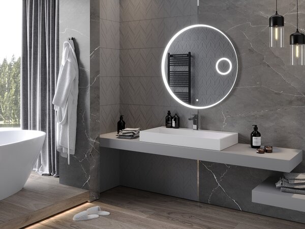 Mexen Ella, LED fürdoszobai tükör háttérvilágítással és kozmetikai tükörrel 90x90 cm, 6000K, páramentes, 9811-090-090-611-00