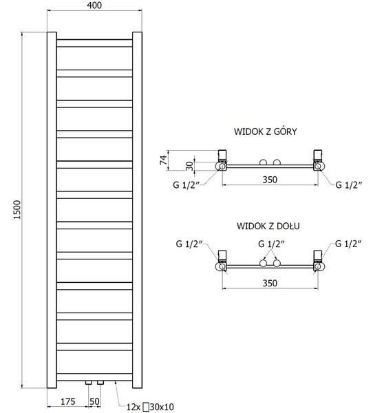 Mexen csavar, fűtőelem 1500 x 400 mm, 342 W, alul és középen, fehér, W126-1500-400-00-20