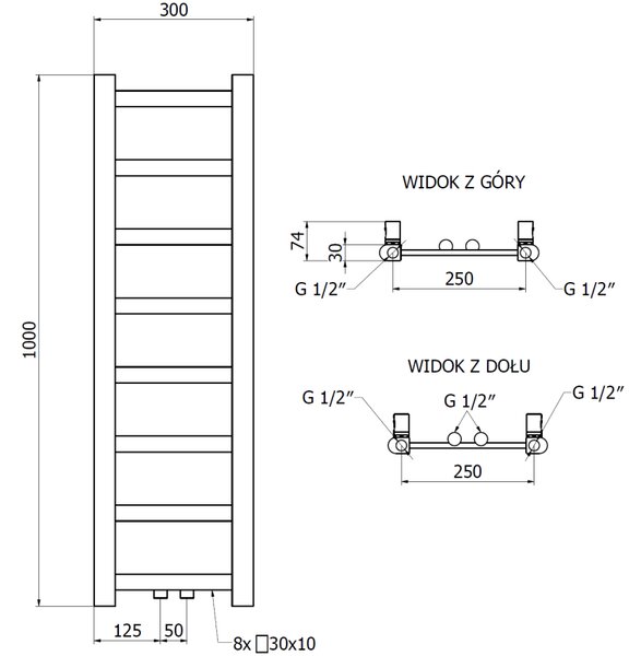 Mexen csavar, fűtőelem 1000 x 300 mm, 197 W, alul és középen, fehér, W126-1000-300-00-20