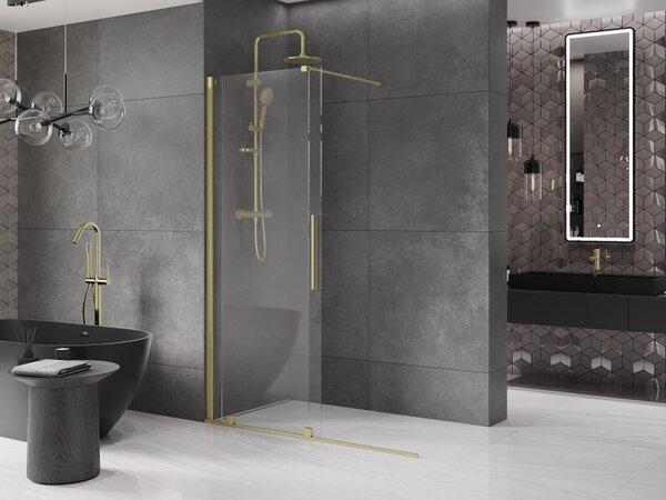 Mexen Velar, nyílásba tolóajtó Walk-In típusú 130 cm, 8 mm átlátszó üveg, arany matt, 871-130-000-03-55