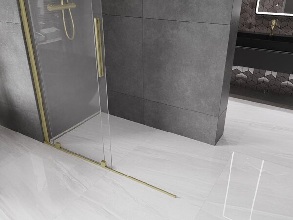 Mexen Velar, nyílásba tolóajtó Walk-In típusú 130 cm, 8 mm átlátszó üveg, arany matt, 871-130-000-03-55