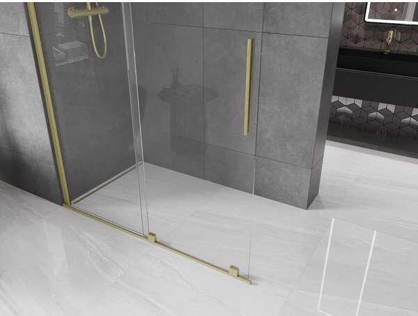 Mexen Velar, nyílásba tolóajtó Walk-In típusú 130 cm, 8 mm átlátszó üveg, arany matt, 871-130-000-03-55
