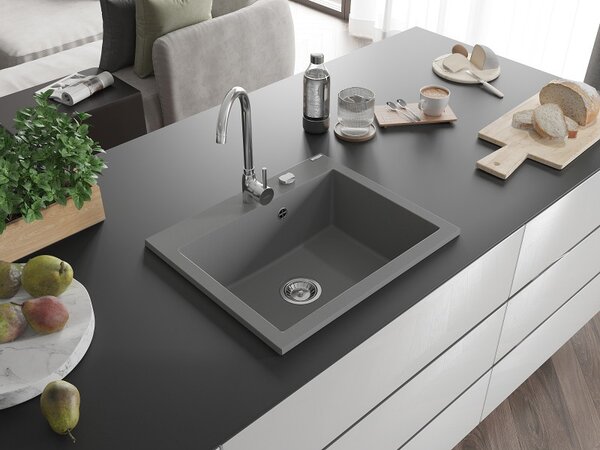 Mexen Elix, 1 rekeszes gránit mosogató 600 x 500 mm, szürke, króm szifon - 6525601005-71