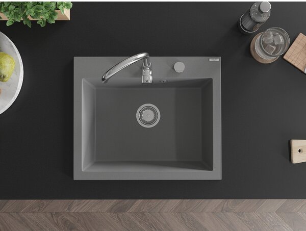 Mexen Elix, 1 rekeszes gránit mosogató 600 x 500 mm, szürke, króm szifon - 6525601005-71