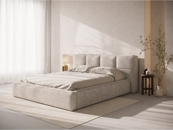 Bézs kárpitozott ágyneműtartós franciaágy ágyráccsal 160x200 cm Simon – Micadoni