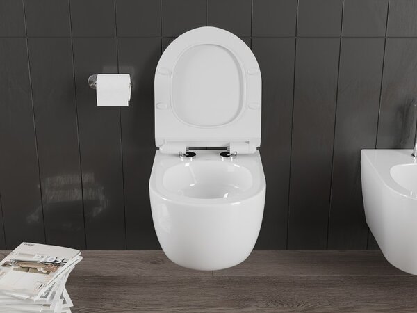 Mexen Carmen, falra akasztható wc csésze 490x365x340 mm, Perem nélküli Tornado + duroplast wc ülőke, fényes fehér, 30880100T