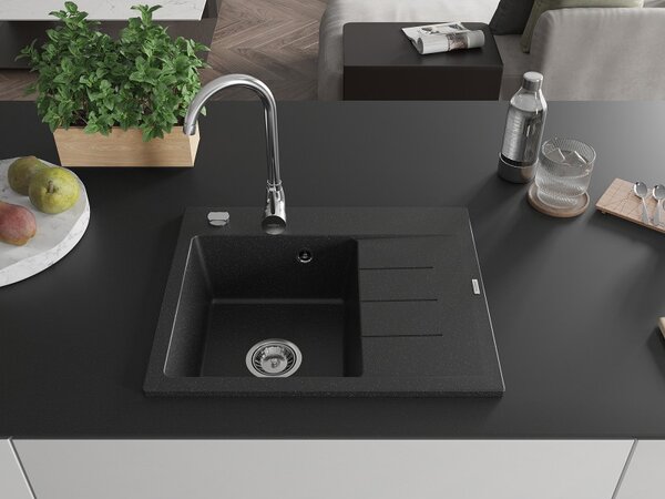 Mexen Ben, 1 kamrás gránit mosogató 600x500x190 mm, bal + króm szifon, fekete-ezüst metál, 6522605000-73