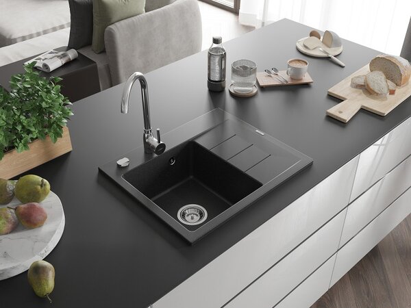 Mexen Ben, 1 kamrás gránit mosogató 600x500x190 mm, bal + króm szifon, fekete-ezüst metál, 6522605000-73