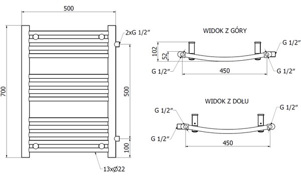 Mexen Ares, fűtőelem 700 x 500 mm, 286 W, oldalsó jobb és alsó csatlakozás, fehér, W102-0700-500-00-20-S