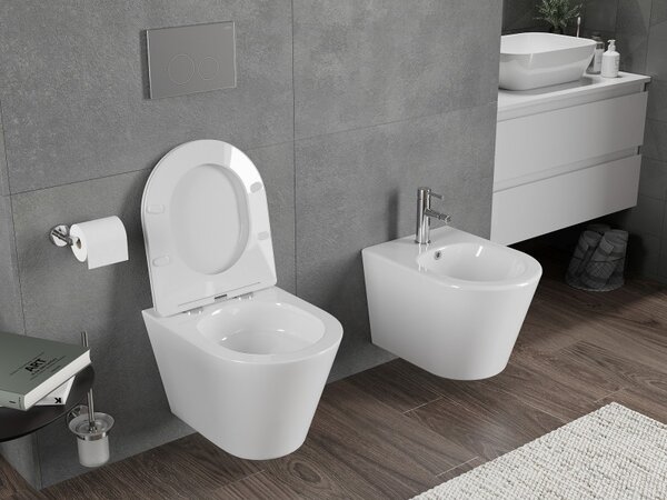 Mexen Rico, falra akasztható wc csésze 490x360x370 mm, Perem nélküli Tornado + duroplast wc ülőke, fényes fehér, 30720300T