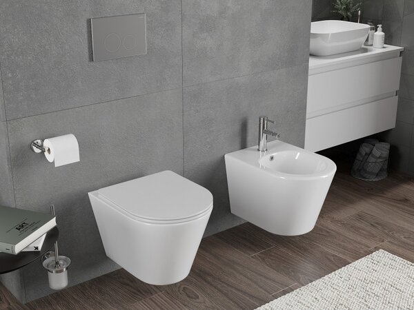 Mexen Rico, falra akasztható wc csésze 490x360x370 mm, Perem nélküli Tornado + duroplast wc ülőke, fényes fehér, 30720300T