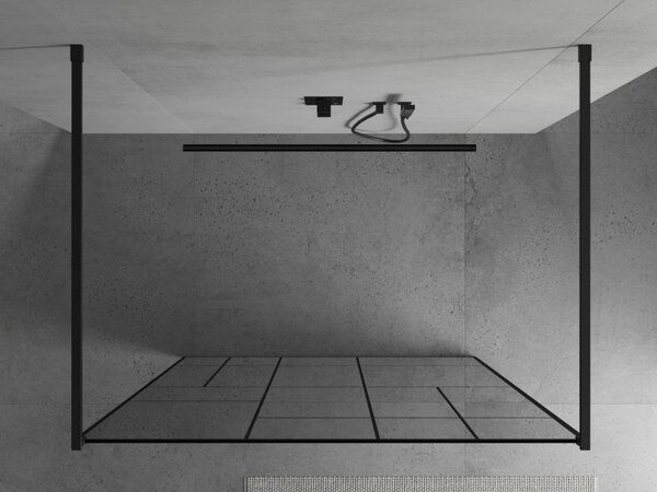 Mexen Kioto, átmenő zuhany paraván 100 x 200 cm, 8mm átlátszó / fekete üvegminta, 2x fekete stabilizáló távtartó, 800-100-002-70-78