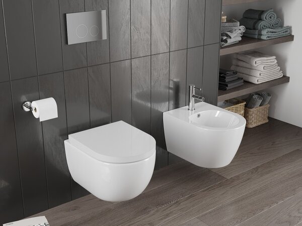 Mexen Carmen, falra akasztható wc csésze 490x365x340 mm, Perem nélküli Tornado + duroplast wc ülőke, fényes fehér, 30880200T