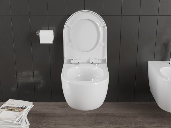 Mexen Carmen, falra akasztható wc csésze 490x365x340 mm, Perem nélküli Tornado + duroplast wc ülőke, fényes fehér, 30880200T