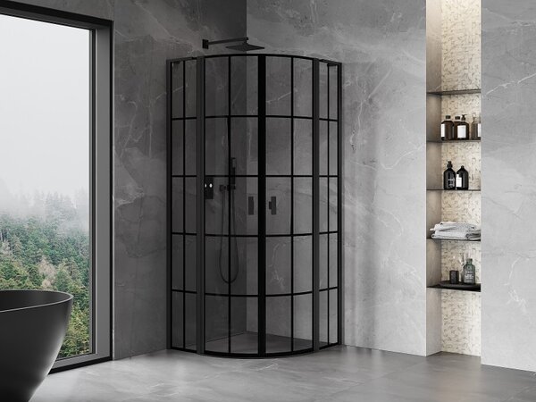 Mexen Mist L, negyedkör alakú zuhanykabin kétszárnyú ajtókkal, 80 x 80 cm, 8 mm-es átlátszó üveg, fekete profil, 8A32L-080-080-70-77