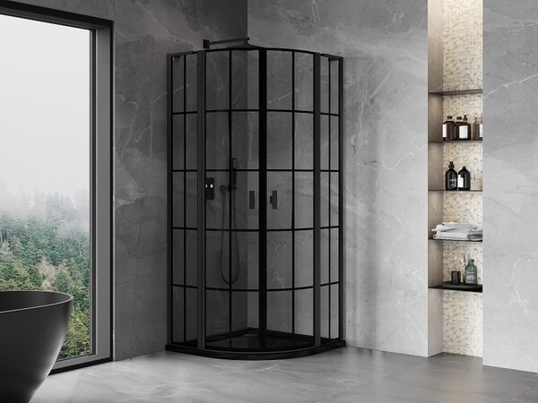 Mexen Mist L, negyedkör alakú zuhanykabin kétszárnyú ajtókkal, 80 x 80 cm, 8 mm-es átlátszó üveg, fekete profil, 8A32L-080-080-70-77