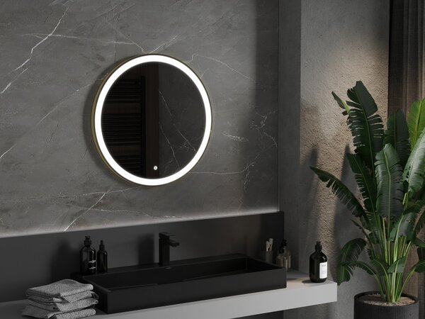Mexen Esso kerek LED háttérvilágítású fürdőszobai tükör 70cm 6000K páramentes fűtőbetét arany keret 9825-070-070-611-50