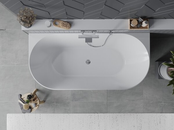 Mexen Oval Slim, szabadon álló fali kád 170 x 80 cm, fényes fehér, króm túlfolyó, 52661708000-01