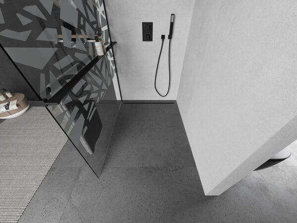 Mexen Kioto +, zuhany paraván polccal és törölközőtartóval 110 x 200 cm, 8mm üveg átlátszó üvegmintás fehér, fekete profil, 800-110-121-70-85