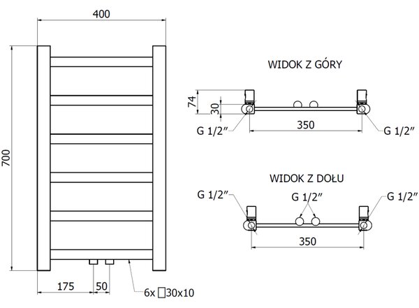 Mexen csavar, fűtőelem 700 x 400 mm, 165 W, alul és középen, fehér, W126-0700-400-00-20
