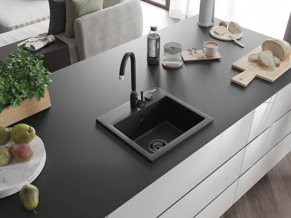 Mexen Milo, gránit mosogató 435x410x171 mm, 1 kamrás, fekete, fekete szifonnal, 6505441000-77-B