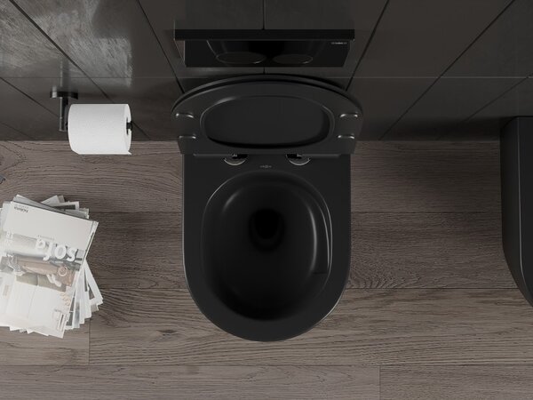 Mexen Carmen, falra akasztható wc csésze 490x365x340 mm, Perem nélküli Tornado + duroplast wc ülőke, matt fekete, 30880185T