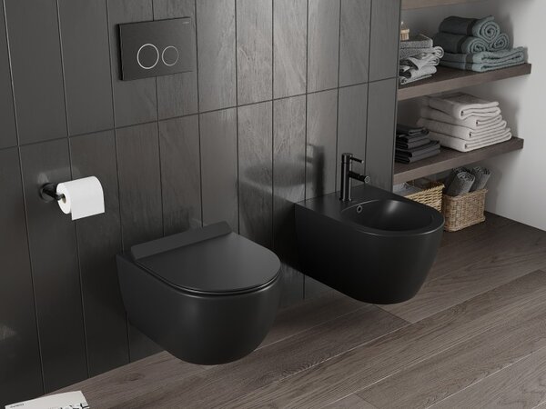 Mexen Carmen, falra akasztható wc csésze 490x365x340 mm, Perem nélküli Tornado + duroplast wc ülőke, matt fekete, 30880185T