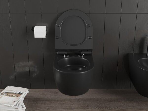 Mexen Carmen, falra akasztható wc csésze 490x365x340 mm, Perem nélküli Tornado + duroplast wc ülőke, matt fekete, 30880185T