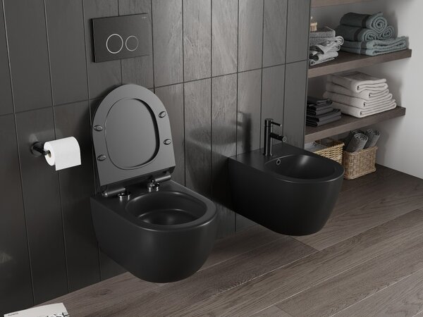 Mexen Carmen, falra akasztható wc csésze 490x365x340 mm, Perem nélküli Tornado + duroplast wc ülőke, matt fekete, 30880185T