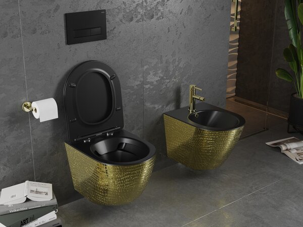 Mexen Lena, függő wc csésze 480x360x355 mm, lassan süllyedő ülőfelülettel, fekete matt - arany mintás, 30224078