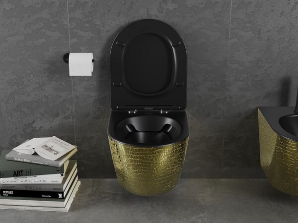 Mexen Lena, függő wc csésze 480x360x355 mm, lassan süllyedő ülőfelülettel, fekete matt - arany mintás, 30224078