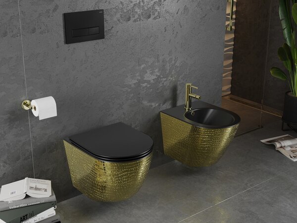 Mexen Lena, függő wc csésze 480x360x355 mm, lassan süllyedő ülőfelülettel, fekete matt - arany mintás, 30224078