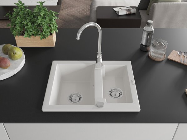 Mexen Carlos, gránit mosogató 582x475x177 mm, 1,5-kamrás, fehér, 6518581500-20