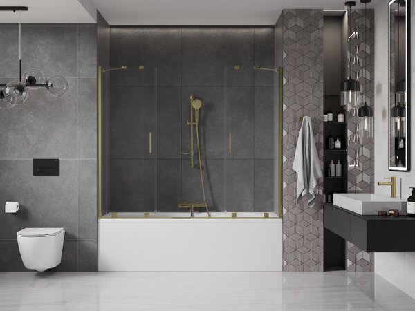 Mexen Velar Duo, 2 szárnyas eltolható kádparaván 170 x 150 cm, 8mm átlátszó üveg, arany fényes profil, 896-170-000-02-50