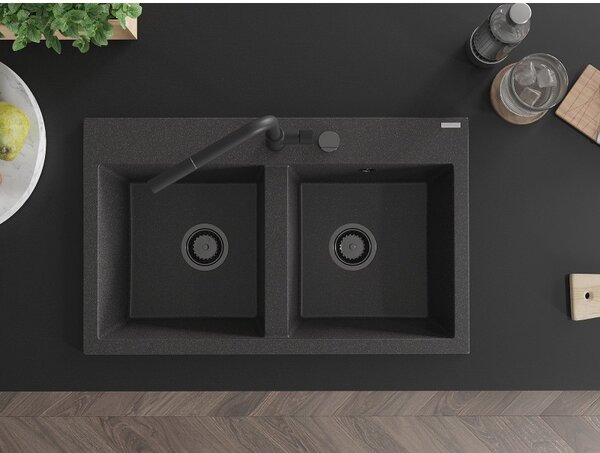 Mexen Hektor, 2 kamrás gránit mosogató 800x480x205 mm, fekete foltos, grafit szifon, 6521802000-76-B
