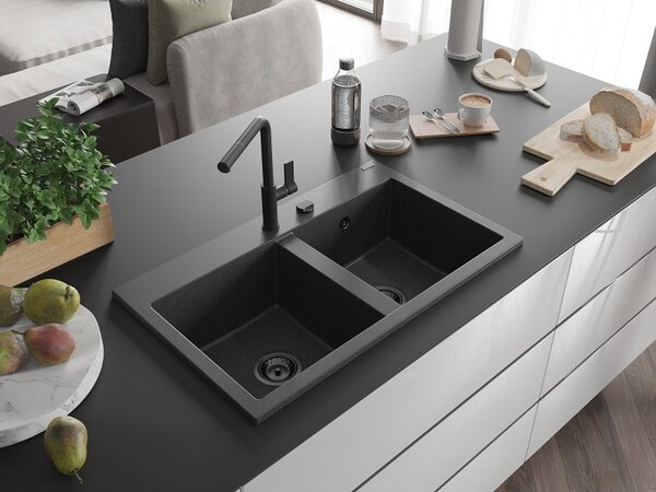Mexen Hektor, 2 kamrás gránit mosogató 800x480x205 mm, fekete foltos, grafit szifon, 6521802000-76-B