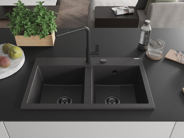 Mexen Hektor, 2 kamrás gránit mosogató 800x480x205 mm, fekete foltos, grafit szifon, 6521802000-76-B