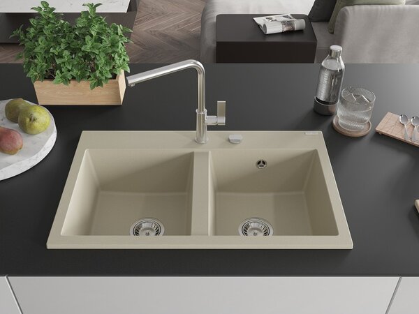 Mexen Hektor, 2 kamrás gránit mosogató 800x480x205 mm, bézs, króm szifon, 6521802000-69